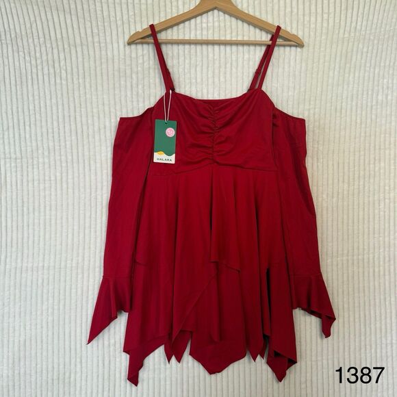 Halara Red Long Sleeve Ruched Handkerchief Hem Mini Dress Size XS NWT - Picture 1 of 10